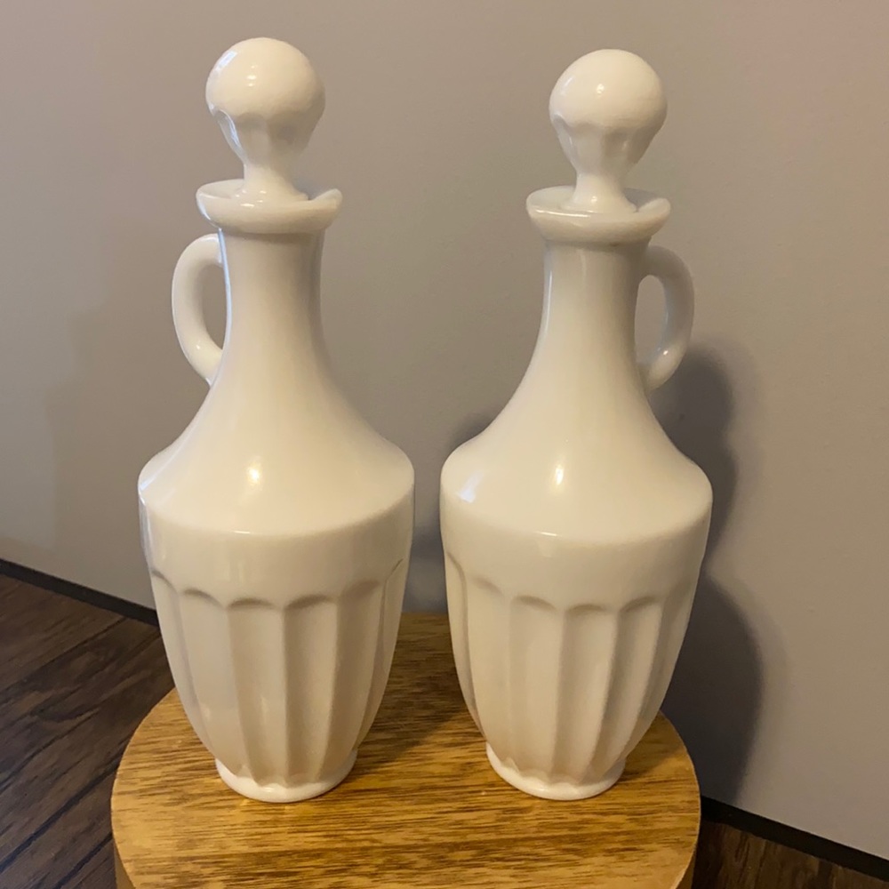 Pair of milk glass Avon bath oil cruets (empty)
